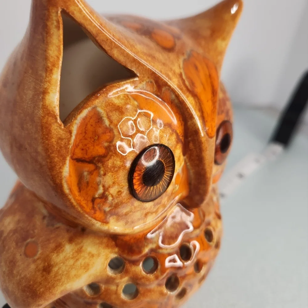 Ceramic owl drip glaze orange luminaria retro orange tealight‎ candle holder